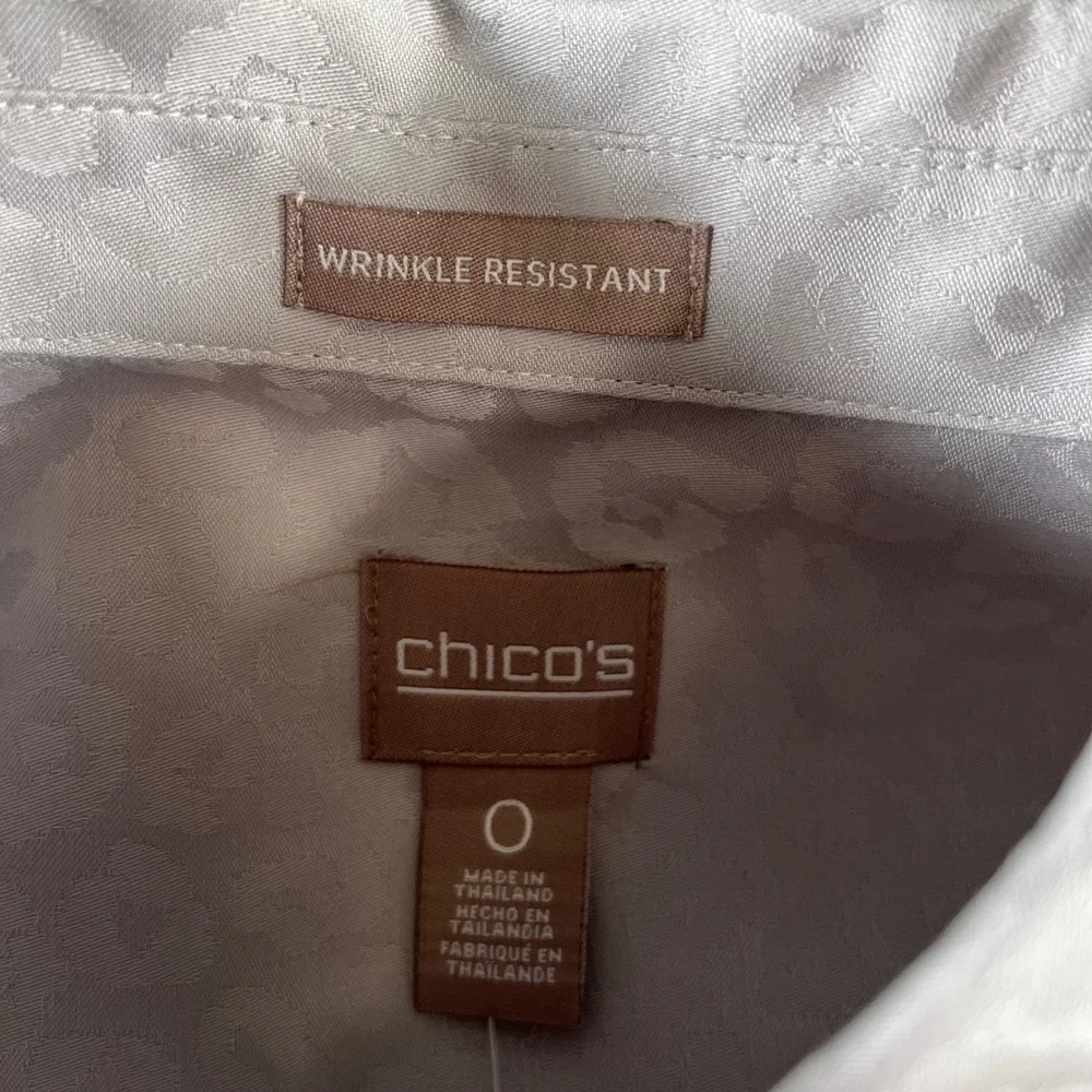 Chicos Animal Jacquard Sateen Shirt Feather Stone Grey Wrinkle Resistant Size 0